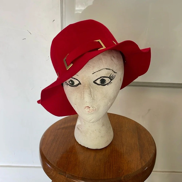 Vintage Red With Gold Accents 100% Wool Hat US Made Union Made - Picture 1 of 10